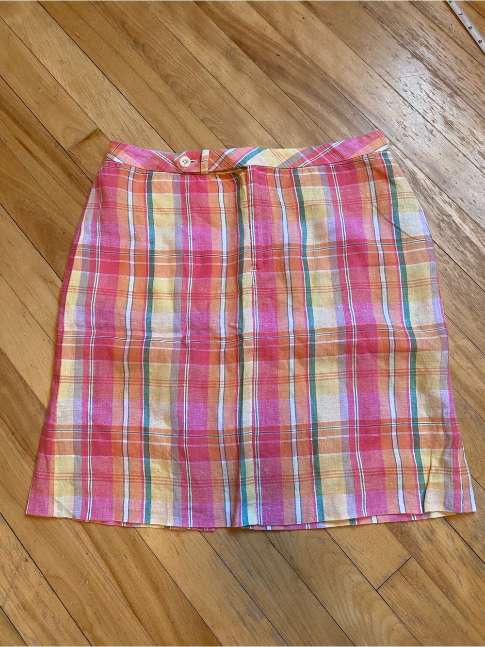 Ralph Lauren Pink Plaid Mini Skirt Orange and Yellow Stripes 100% Linen Size 6